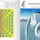 Seite links: "Rundherum," "viele V," "rote Fläche." Rechts: "Antarktischer Spielplatz," "unmögliche Realität," Pinguine, Eis.