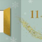 11 * Besuch aus einer anderen Welt. Goldene Glöckchen-Illustration mit Schneeflocken auf grünem Hintergrund.