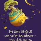 Die Welt ist groß und voller Abenteuer – trau dich, sie zu erkunden! Illustration: Baum auf schwebendem Planeten mit Sternen.