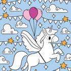 Ein geflügeltes Einhorn mit rosa und violetten Ballons, umgeben von Wolken, Sternen und Girlanden auf blauem Hintergrund.