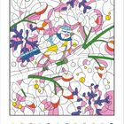 Eine Malen-nach-Zahlen-Illustration mit einem Vogel auf einem Ast, umgeben von bunten Blumen. Farben sind nummeriert.