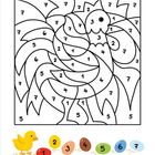 Illustration, nummerierte Felder von 1 bis 7, unten farbige Eier mit Zahlen, gelbes Küken daneben.