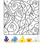 Malvorlage mit Zahlen: 1 violett, 2 blau, 3 orange, 4 gelb, 5 weiß. Korallenillustrationen unten.