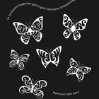 "Im Schmetterlingsgarten gibt es ganz viele bunte Schmetterlinge. Male noch mehr dazu!" 
Sechs weiße, ornamental verzierte Schmetterlinge auf schwarzem Hintergrund.