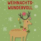 "Ich bin WEIHNACHTSWUNDERVOLL." Illustration eines Rentiers mit Weihnachtsdekoration, umgeben von Schneeflocken.