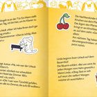 Texte: "Bei Frau Moll klingelt..." und "Die Nachbarskinder klauen..." Zeichnungen: Hund, Kirschen, Hahn.