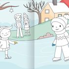 Kinder mit Mützen und Schals eislaufen auf einem Teich; im Hintergrund sind Bäume und Häuser zu sehen.