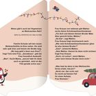 Text: "Wieso gibt’s auch bei Vegetariern an Weihnachten Reh? Weil ihr Reh mit Vornamen Pilz heißt!" Unten links ein Pinguin mit Mütze und Schal, der eine Zuckerstange hält. Rechts ein rotes Auto mit Tannenbaum und Geschenken. Oben eine Lichterkette.