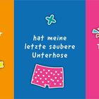 Ein Waschbär aus der Mülltonne hat meine letzte saubere Unterhose mit Tomatensoße bekleckert. Illustration mit Mülltonne und Kleidung.