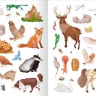 Illustration mit verschiedenen Tieren: Fuchs, Reh, Eule, Pferd, Schwan, Schaf, Dachs und Insekten wie Libellen und Käfer.