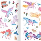 Bunte Illustration mit Einhörnern, Feen, Vögeln, Blumen und einem Schatz. Verschiedene Szenen voller Fantasie und Magie.