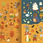 Links Tiere in Schals mit Ballons, Blättern. Rechts Tiere bei einer Herbst-Halloween-Szene mit Sternen und Kürbissen.