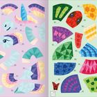 Links steht "EINHORN", rechts "REGENBOGENSCHLANGE". Es sind bunte, geometrische Puzzle-Teile und zwei Illustrationen.