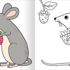 Eine Illustration zeigt eine Maus mit einer Himbeere, links bunt, rechts als Ausmalbild in Schwarz-Weiß.