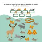 Text: "Auf diesem Bild tummeln sich viele Tiere. Wie viele sind es von jeder Art? Trage Punkte in die Kästchen ein." Illustration: Tiere wie Mäuse, Schmetterlinge, Eule, Schlange, Hirsch, Waschbär.