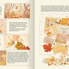 Seite mit Illustrationen: Mäuse im Herbstwald, Text beinhaltet Gespräche über Herbstfeste, Blätter, Apfelkuchen.