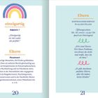 Seite 20: "einzigartig", "Eltern"; Definition und Berufe. Seite 21: Elternservice, 24/7, Zitate mit Humor. Regenbogen-Illustration.