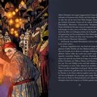 Rechter Text beginnt mit: "offenen Schränken eines engen, langgestreckten Ganges". Links ist eine farbenfrohe Kostüm-Illustration.