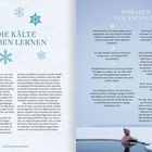 "DIE KÄLTE LIEBEN LERNEN" und "EISBADEN FÜR ANFÄNGER" stehen im Zentrum. Schneeflocken-Dekoration und Tipps zum Eisbaden ergänzen den Text.