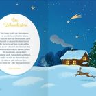 "Der Weihnachtsstern" von Franz von Pocci. Illustration: Hase im Schnee, Haus mit Rauch, Tannenbaum, Sternenhimmel, Komet.