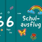"Nur noch 66 Tage bis zum Schulausflug." Bunte Illustrationen: Regenbogen, Schmetterling, Blume und Sterne.