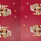 Illustration von vier Pfefferkuchenhäusern auf rotem Hintergrund mit Schneeflocken und gelben Sternen.