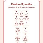 „Monde und Pyramiden. Welche Grafik A bis D ersetzt das Fragezeichen?“   
Illustration mit geometrischen Formen und Symbolen.