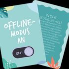 "OFFLINE-MODUS AN" steht im Vordergrund, begleitet von einem grafischen Schalter auf "OFF". Farbenfrohe Blattformen umrahmen den Text.
