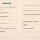 Wichtige Kontakte: Notfallnummern und Adressen, um auf Reisen alles griffbereit zu haben. Enthält Kategorien wie KFZ-Versicherung und Pannendienst.