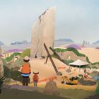 Illustration einer Baustelle mit zwei Personen, einem Bulldozer, einem Zelt und einer großen Steinmauer.