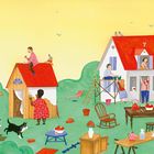 Illustration von Menschen, die ein Haus renovieren. Sie streichen, tragen Holz und nutzen Werkzeuge. Ein Hund läuft herum.