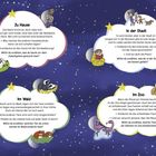 Zu Hause: Text über Abendrituale. In der Stadt: Texte zu nächtlichen Aktivitäten. Im Wald: Tiere schlafen. Im Zoo: Tierbeschreibungen. Sterne als Dekoration.