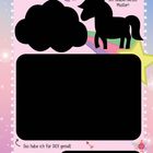 Rahmen mit Einhorn und Wolke, Text: „Das ist mein Lieblingstier“, „Meine Unterschrift“, „Kratzbild“.