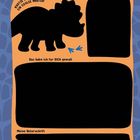 Text: „Kratz dem Dino ein cooles Muster!“, „Das ist mein Lieblingstier“, „Das habe ich für DICH gemalt“, „Meine Unterschrift“. Silhouette eines Dinosauriers, Fußspuren und farbenfroher Hintergrund.