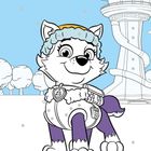 Illustration eines lächelnden Welpen mit Mütze und Winterweste vor einem Turm und Bäumen unter blauem Himmel.