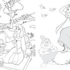 Illustration von zwei Prinzessinnen, einem Zwerg, einem Pferd und Vögeln in einer Naturumgebung.