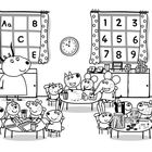 Klassenzimmer-Illustration mit Tieren an Tischen, Buchstaben und Zahlen auf Fenstern, eine Uhr zeigt 11:30.