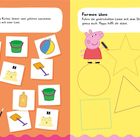 "Kartenspiel: Zwei Karten gehören zusammen. Formen üben: Linie mit Stift nachfahren. Peppa hilft dir." Illustration mit Karten und Formen.