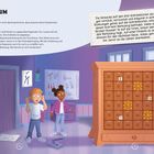 "Im Werkraum" und Notiz erläutern, wo das Werkzeug liegt. Zwei Kinder stehen erschrocken im Raum, ein Schrank mit Zahlen.