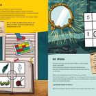 Links: Sticker Nr. 8 auf passende Bilder kleben. Mitte zeigt Schranktür. Rechts: Spiegel reflektiert Licht, Zahl zeigt Richtung.