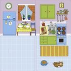 Illustration einer Küche. Kühlschrank mit Kinderzeichnungen, Tisch mit Brot und Tellern, Katze schläft neben Futter.