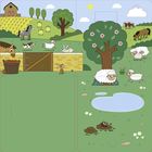 Eine ländliche Illustration zeigt eine bunte Bauernhof-Szene. Tiere wie Pferde, Schafe und Hasen weiden auf grünen Wiesen.