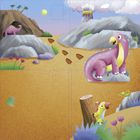 Illustration einer prähistorischen Landschaft mit Dinosauriern, Vulkan, Sonne und Pflanzen. Pfotenabdrücke im Sand.