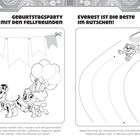 „Geburtstagsparty mit den Fellfreunden“, „Everest ist die Beste im Rutschen!“ Linke Seite: Hunde mit Partyhüten und Luftballons. Rechte Seite: Hund rutscht.