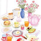 "Kleines 'PB&J' Glas. Illustration von einem Frühstückstisch mit Pancakes, Avocado-Toast, Ei, Obst und Blumenvasen."