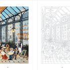 Eine Illustration zeigt ein elegantes Café mit Gästen und Kellnern unter einem Glasdach mit Blick auf städtische Gebäude.