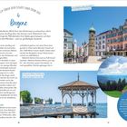 Texte: „HOCH ÜBER DER STADT UND DEM SEE 4 Bregenz“, „Die Seekapelle neben dem Rathaus ist eine Ruheoase in der Stadt.“, „Im Sommer öffnet im Pavillon auf dem Fischersteg die Sunset Bar.“, „Auf dem Pfänder gibt es gute Wandermöglichkeiten.“, „Tipp: Jedes Jahr finden im Juli und August die berühmten Bregenzer Festspiele auf der Seebühne statt – ein unvergessliches Erlebnis für Kulturbegeisterte.“

Szenen: Eine Straßencafé-Szene mit historischen Gebäuden, ein Pavillon am Wasser, eine Berglandschaft.