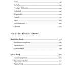 Inhaltsverzeichnis mit "Die Schriften (Ketuvim)" und "Teil 2 – Das Neue Testament" samt Auflistung von Bibelbüchern und Seitenzahlen.