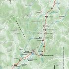 Karte mit Orten: Saugues, La Clauze, Le Falzet, Le Villeret d'Apchier, Domaine du Sauvage. Rote Route durch hügeliges Gelände.