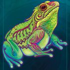 Text: "KRÖTE Abstand". Bunte Illustration einer Kröte mit komplexen Mustern in leuchtenden Farben auf dunklem Hintergrund.